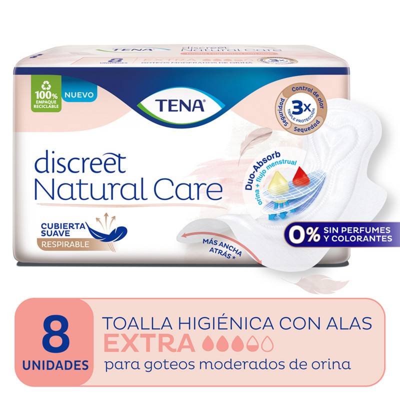 Tena Mujer -Toal. Discreet Natural Care Con Alas X8 (Bulto 18X8)