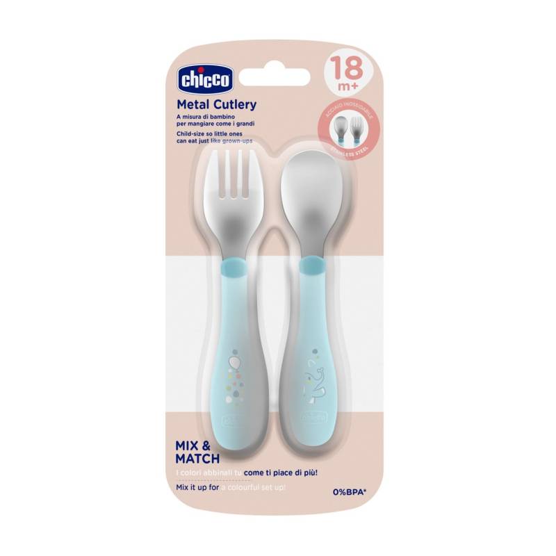 Chicco - Cubiertos Inoxidables +18 Meses Celeste