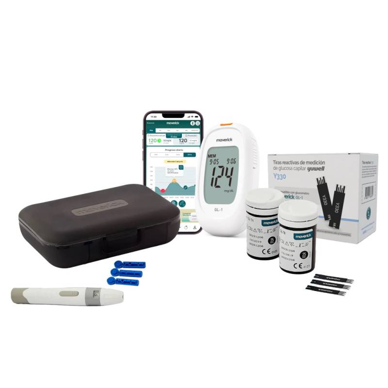 Maverick - Kit 2 Glucometro Bluetooth Audible + 200 Tiras Reactivas + 200 Lancetas
