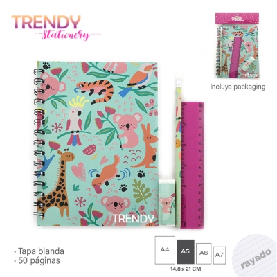 Set Trendy Stationary 15119 - Cuaderno+lapiz+goma+regla