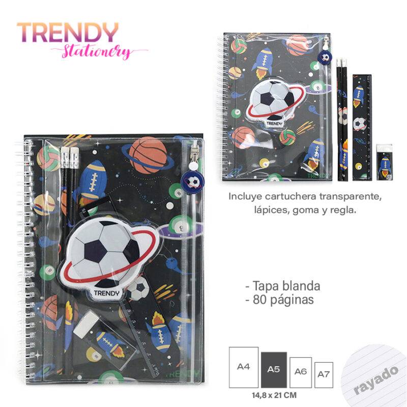 Set Trendy Stationary 15139 - Cuaderno+Cartuchera+Lapiz+Goma+Regla