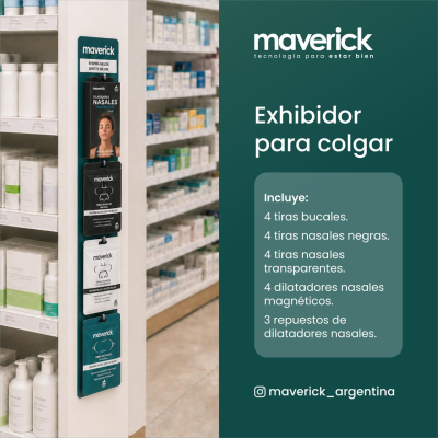 Maverick - Exhibidor Colgante Tiras Nasales ( 4 Tiras Negras- 4 Tiras Transparentes- 4 Cintas Bucales- 4 Dilatadores Nasales- 3 Repuestos Dilatadores)