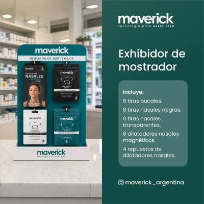 Maverick - Exhibidor Mostrador Tiras Nasales ( 6 Tiras Negras- 6 Tiras Transparentes- 6 Cintas Bucales- 6 Dilatadores Nasales- 4 Repuestos Dilatadores)