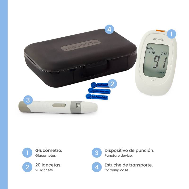 Maverick - Glucometro Bluetooth Audible Maverick (Contiene Glucometro, Digitofunzor, 20 Lancetas)