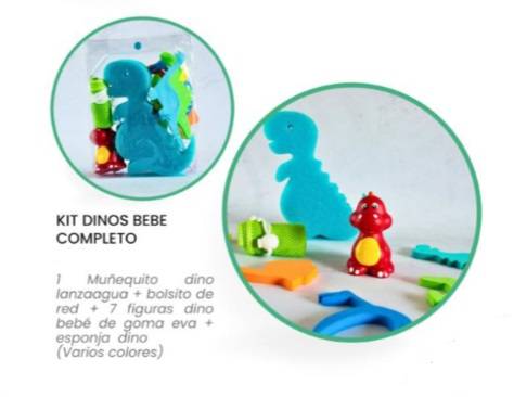 Kit Muñequito Dino Lanza Agua + Bolsito De Red + 7 Figuras Dino Bebe De Goma Eva + Esponja Dino