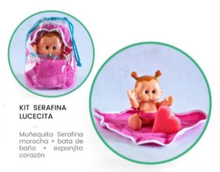Kit Muñequita Serafina + Bata De Baño + Esponjita Corazon Lucecita