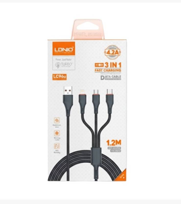 Cable Ldnio Lc96U Fast Charging 3 En 1 Usb Negro